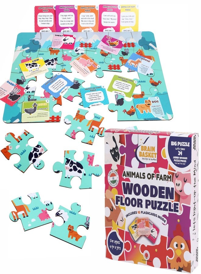 BRAIN BASKET Farm Animal Floor Puzzle | Wooden Jigsaw Puzzle for Kids | Fun Facts Animal Puzzles, Educational Toys, Gifts for Boys & Girls Ages 4+ Years (28 Pieces)| Puzzle and Scrabble Game for Kids - Image 1
